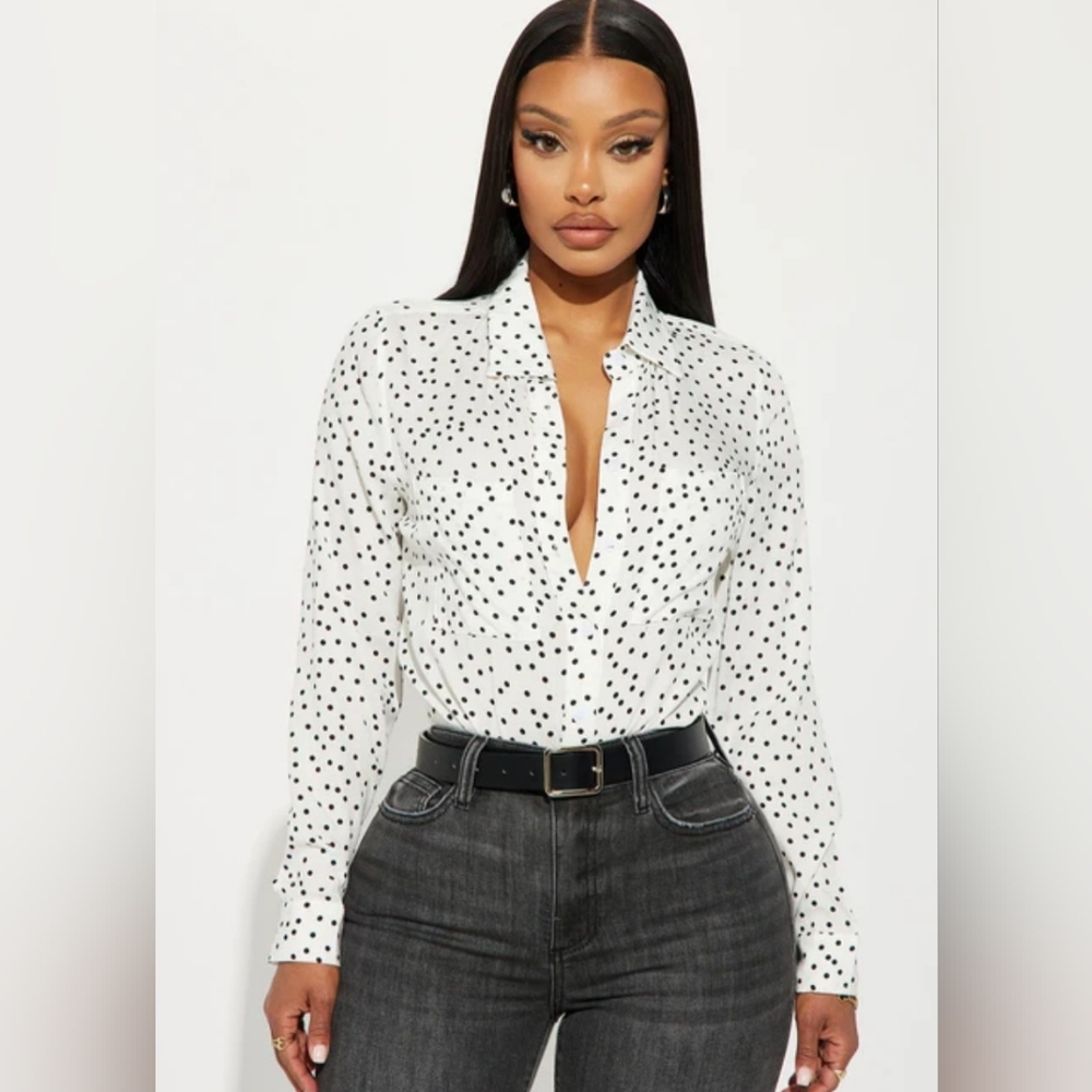 You Better Work Polka Dot Button-Front Blouse